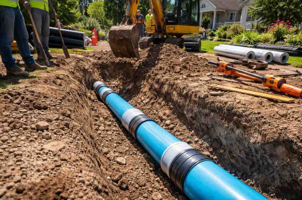 Sewer line replacement with trench excavation and new pipe installation in residential yard
