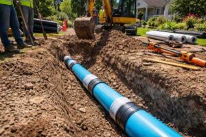 Sewer line replacement with trench excavation and new pipe installation in residential yard