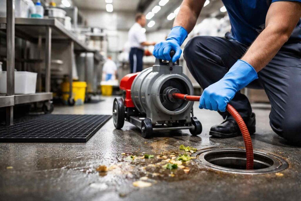 Commercial kitchen drain cleaning with professional equipment removing grease and debris