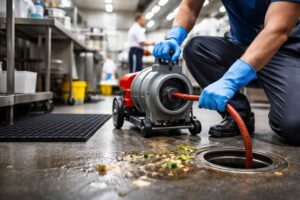Commercial kitchen drain cleaning with professional equipment removing grease and debris