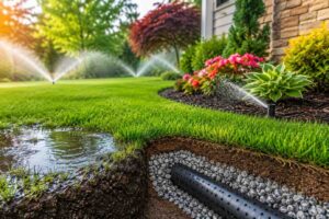Residential lawn drainage solution with sprinkler irrigation and underground water drainage pipe system
