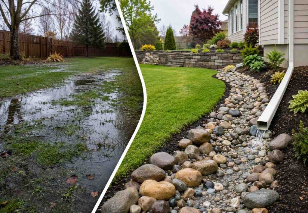 Backyard with severe standing water beside a professionally drained lawn using a rock drainage channel