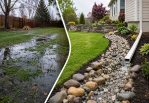 Backyard with severe standing water beside a professionally drained lawn using a rock drainage channel