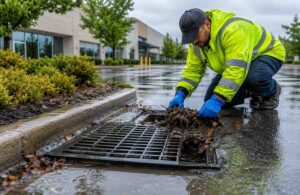 Worker cleaning a commercial storm drain in a parking lot after heavy rainfall