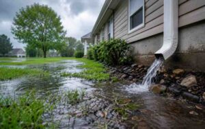 Excess rainwater pooling around a home's foundation due to poor yard drainage.