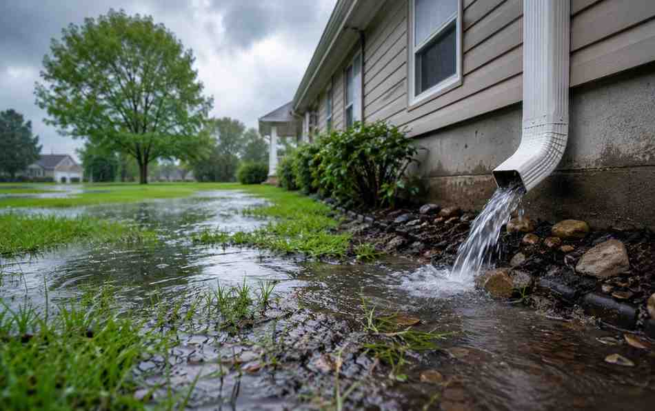 Excess rainwater pooling around a home's foundation due to poor yard drainage.