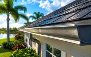 Modern seamless aluminum gutter installed on a Florida home under a bright tropical sky