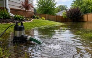 Flooded backyard with standing water and a drainage pump helping remove excess rainwater.