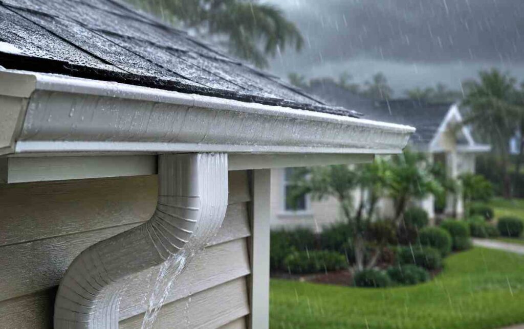 6-inch gutters handling heavy rain on a Florida home