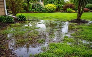 Flooded backyard grass after rain illustrating the need for wet lawn repair and drainage improvements.