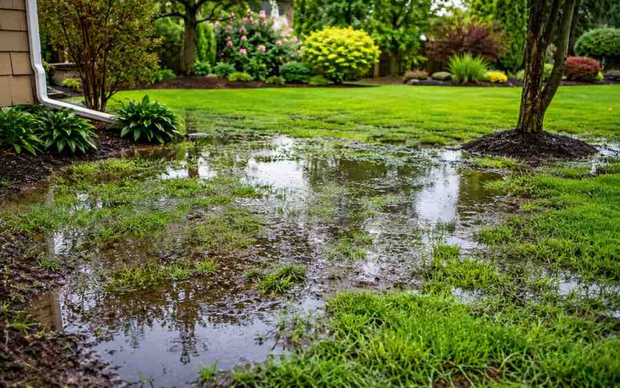 Flooded backyard grass after rain illustrating the need for wet lawn repair and drainage improvements.
