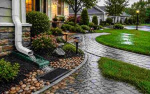 Front yard drainage system managing rainwater runoff near a house