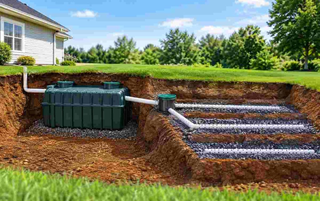Septic tank and drainage field installation with underground pipes