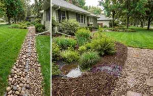 Split view of rock drainage trench and mulched garden bed absorbing ground water