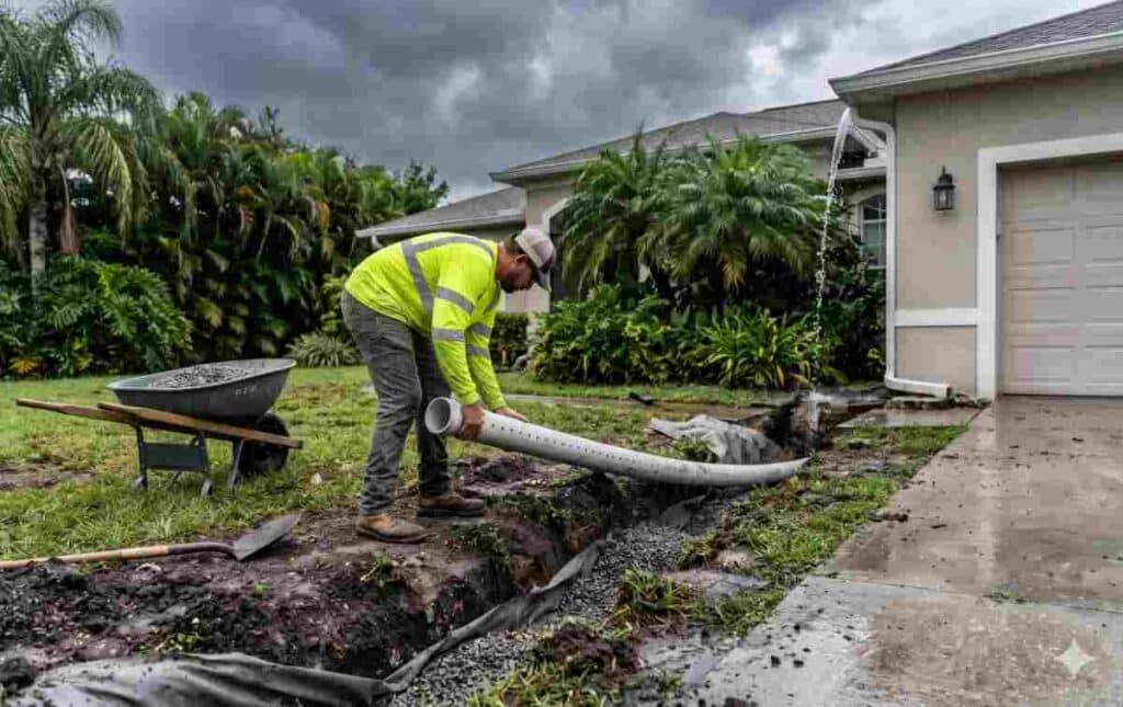 Proper lawn drain installation in Florida to manage hurricane and storm season rainwater runoff